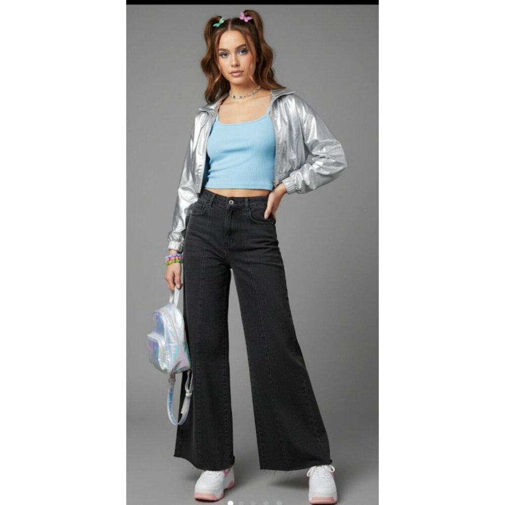 Tractr Grunge Skater 90s Y2k High Waisted Frayed Hem Denim Flare Jeans Girls' 24 - Picture 4 of 13